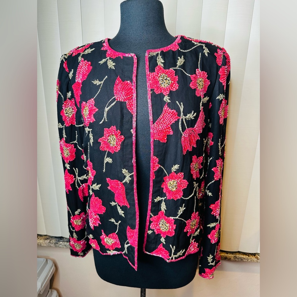 Cecily Brown 100% Silk Floral Embroidered Beaded Black Jacket Cardigan SZ Large